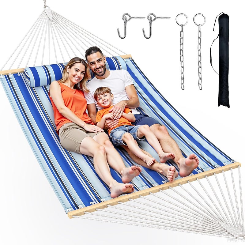 Everyfun Double Hammock with Spreader Bar,Soft Pillow,Max Load 500lbs,Portable Hammock for Outdoor,Camping,and Backyard,Aqua Blue - Image 1